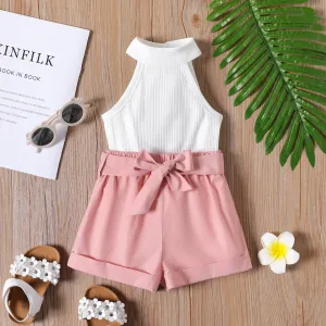 2pcs Toddler Girl Ribbed Halter Tank Top and Belted Shorts Set