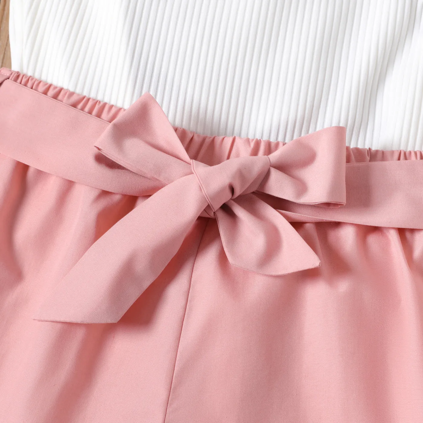 2pcs Toddler Girl Ribbed Halter Tank Top and Belted Shorts Set