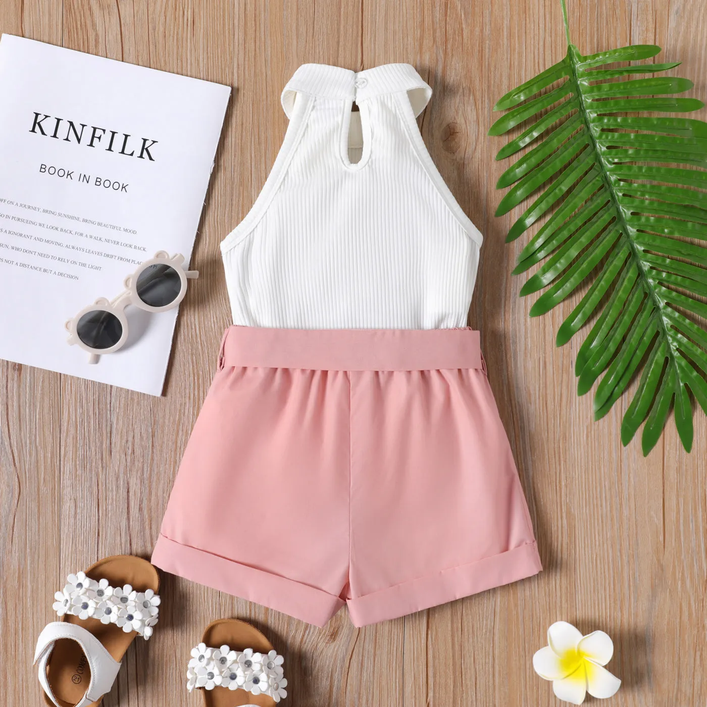 2pcs Toddler Girl Ribbed Halter Tank Top and Belted Shorts Set