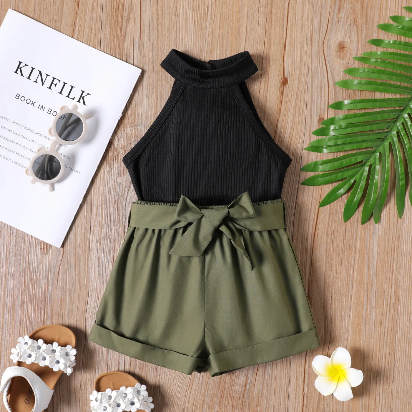 2pcs Toddler Girl Ribbed Halter Tank Top and Belted Shorts Set