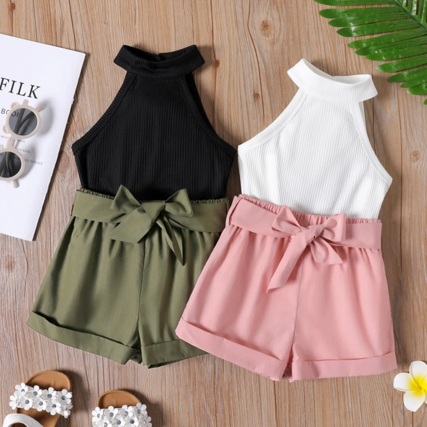 2pcs Toddler Girl Ribbed Halter Tank Top and Belted Shorts Set