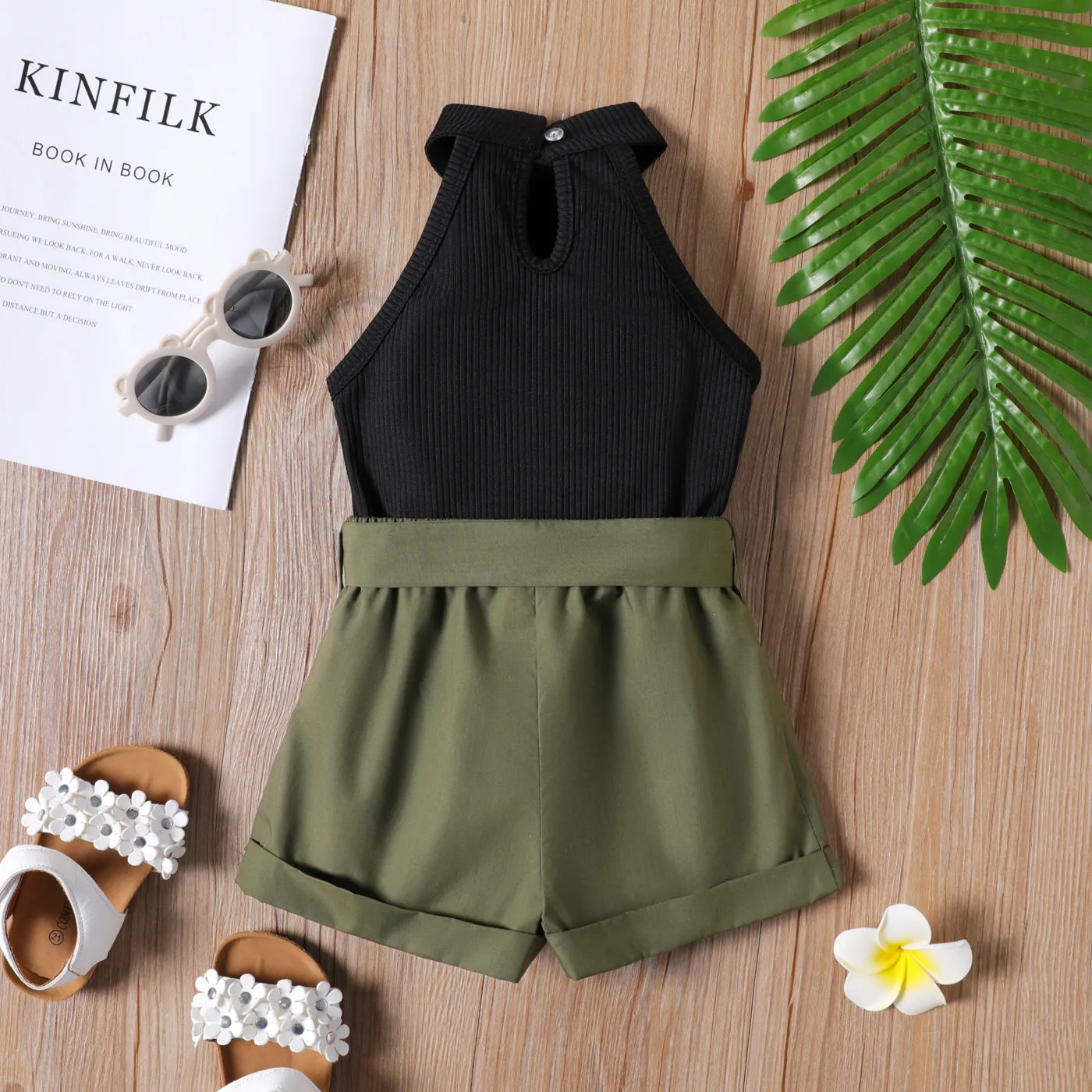 2pcs Toddler Girl Ribbed Halter Tank Top and Belted Shorts Set