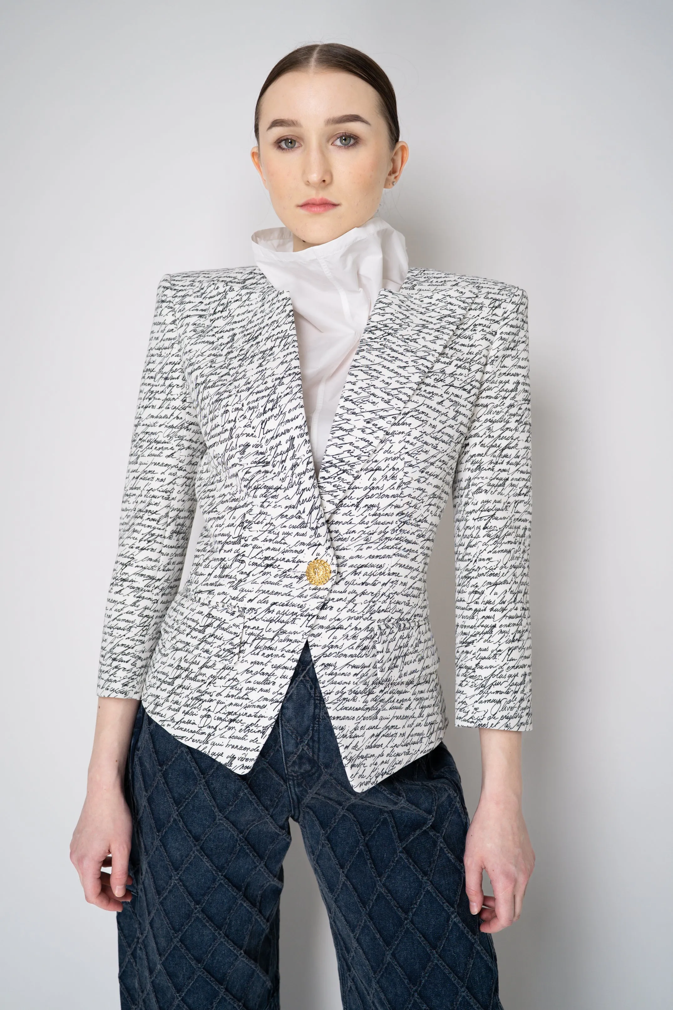 Balmain Single Button Jacket with "Love Letter" Print in White and Black