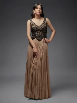 Black and Nude Beaded Georgette Gown