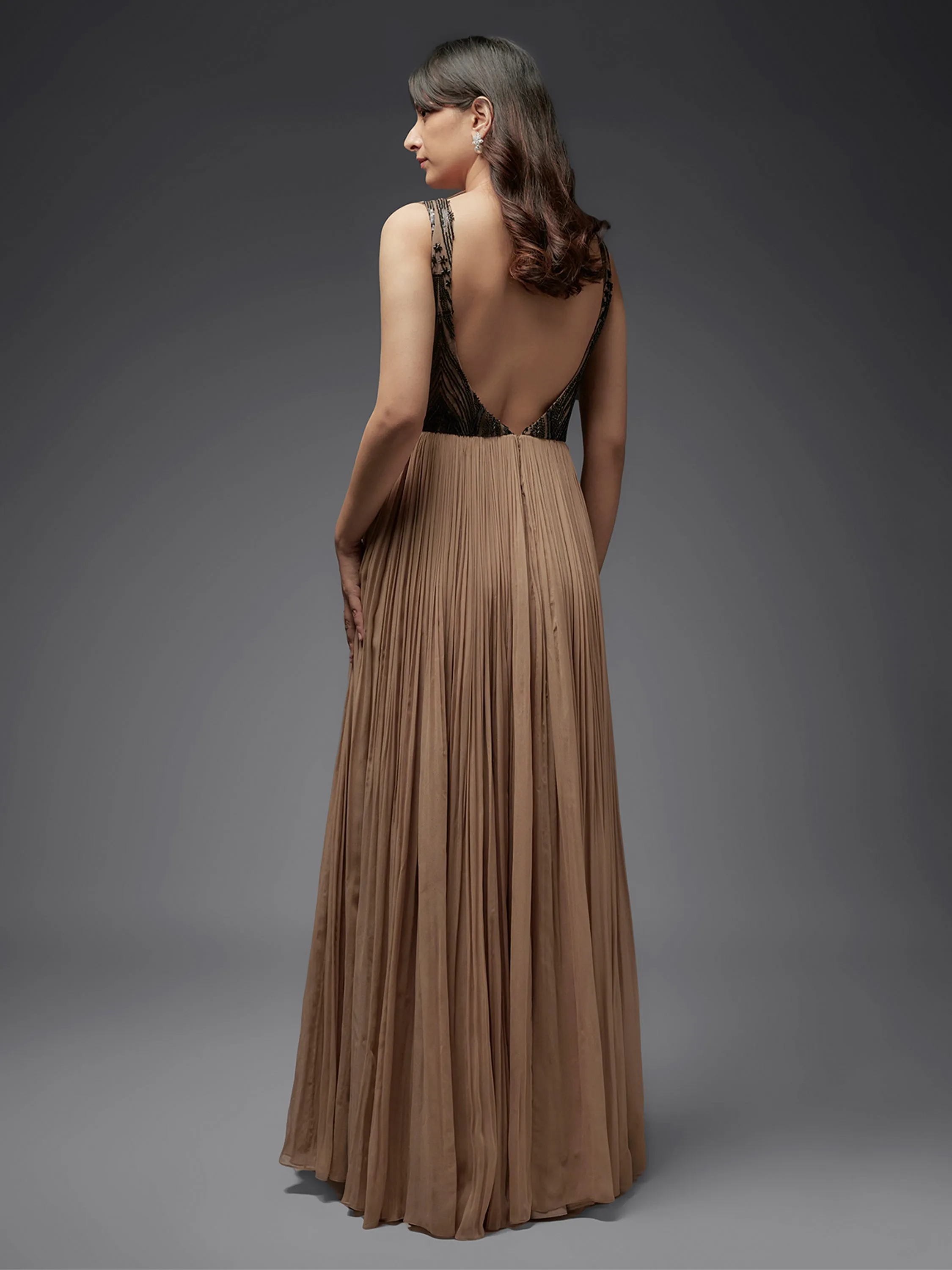 Black and Nude Beaded Georgette Gown
