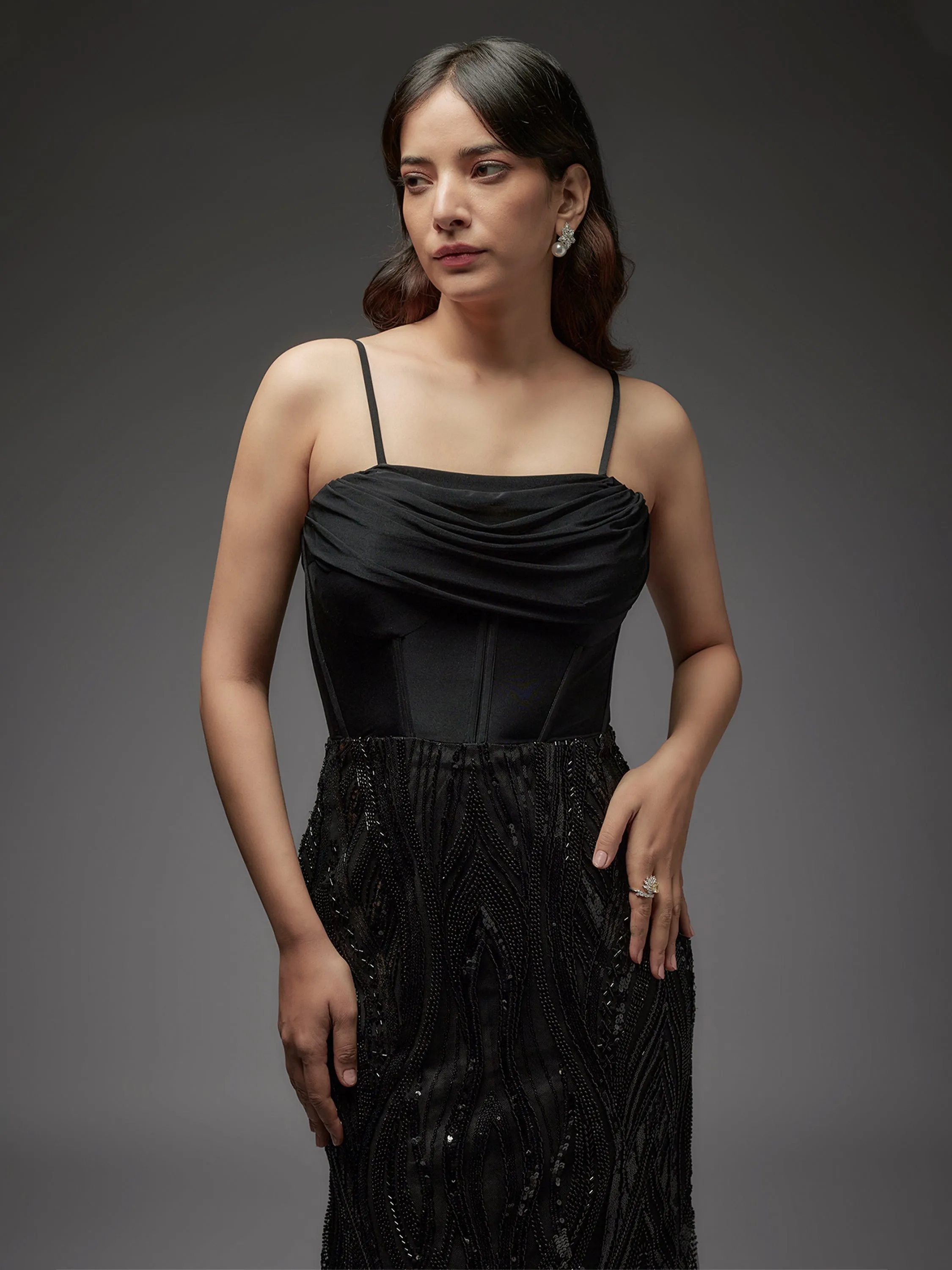 Black Beaded Net Work Corset Gown