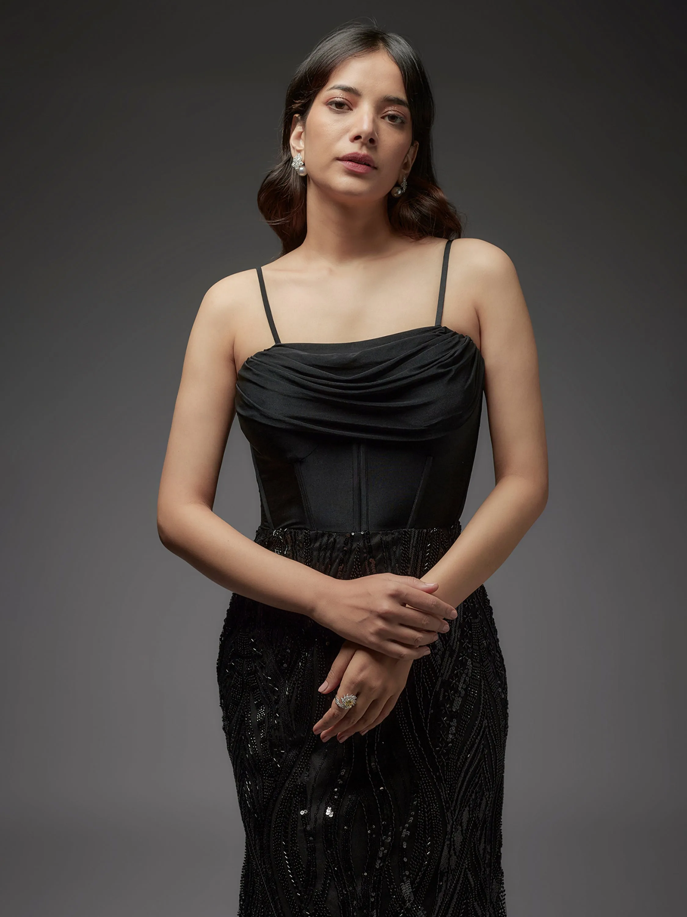 Black Beaded Net Work Corset Gown