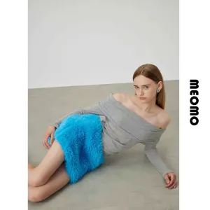 Blue Faux Fur Mini Skirt