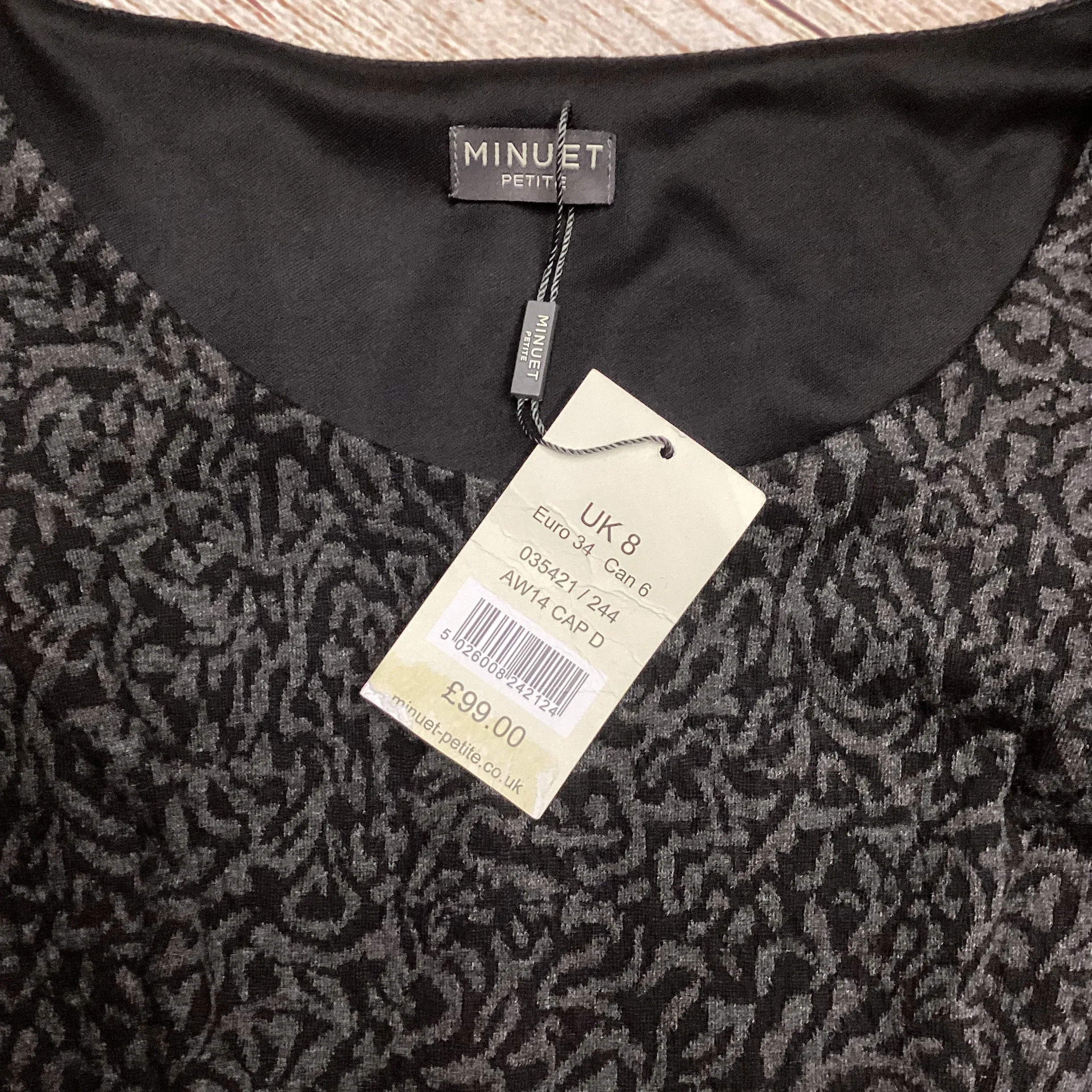 BNWT Minuet Black Grey Print Jersey Midi Dress Size 8