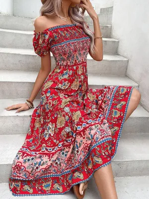 Bohemian Chic One-Shoulder Maxi Dress with Distinctive Ethnic Print