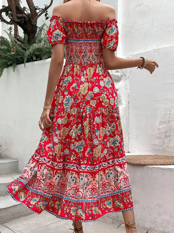 Bohemian Chic One-Shoulder Maxi Dress with Distinctive Ethnic Print