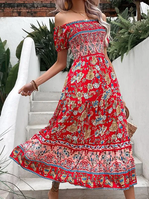 Bohemian Chic One-Shoulder Maxi Dress with Distinctive Ethnic Print