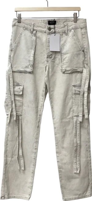 boohooMan Cream Relaxed Strap Detail Acid Wash Corduroy Trousers UK XS
