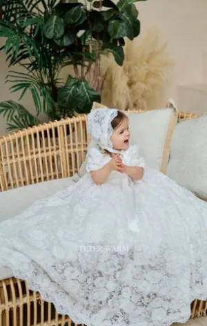 BS21L Teter Warm long Christening Gown with matching bonnet & Rhinestone belt