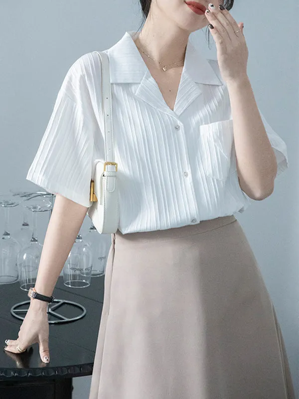 Buttoned Pockets Solid Color Split-Joint Loose Short Sleeves Notched Collar Blouses&Shirts Tops