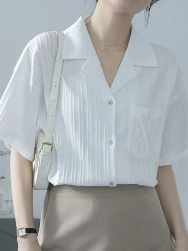 Buttoned Pockets Solid Color Split-Joint Loose Short Sleeves Notched Collar Blouses&Shirts Tops