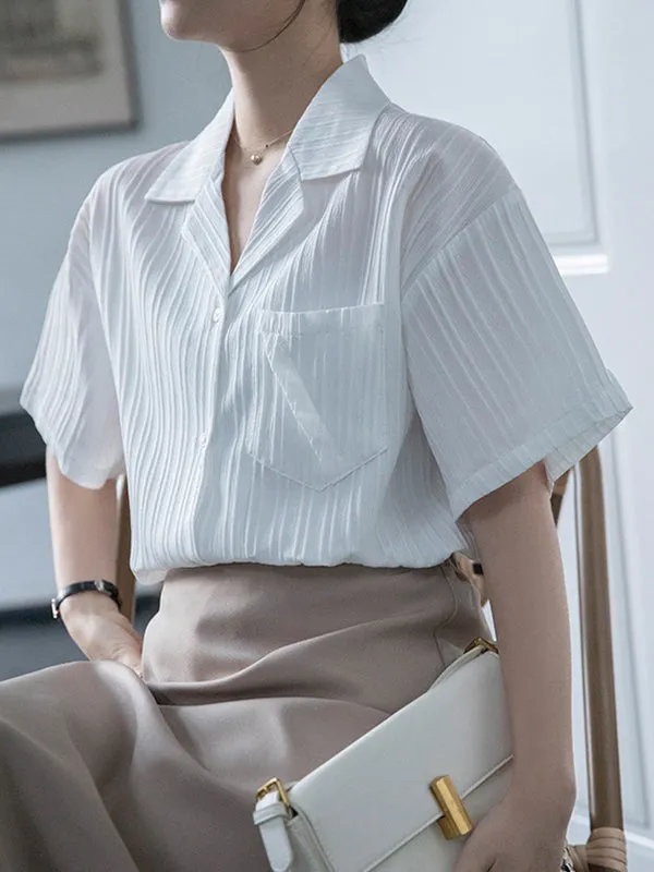 Buttoned Pockets Solid Color Split-Joint Loose Short Sleeves Notched Collar Blouses&Shirts Tops