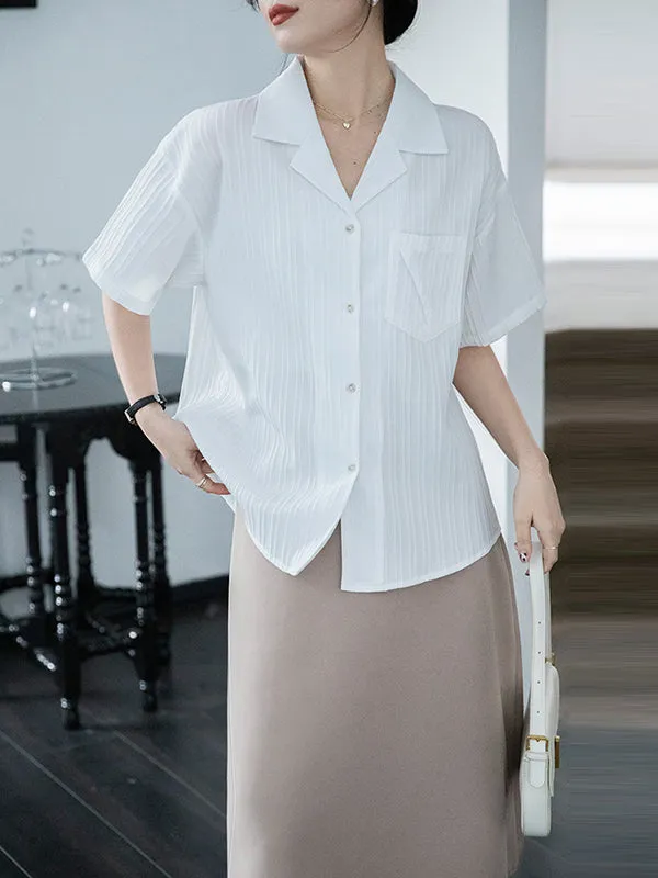 Buttoned Pockets Solid Color Split-Joint Loose Short Sleeves Notched Collar Blouses&Shirts Tops