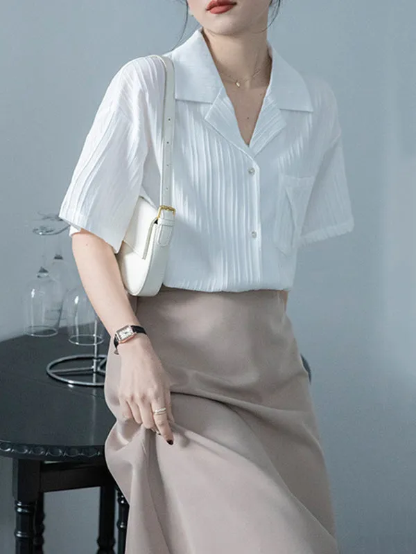 Buttoned Pockets Solid Color Split-Joint Loose Short Sleeves Notched Collar Blouses&Shirts Tops
