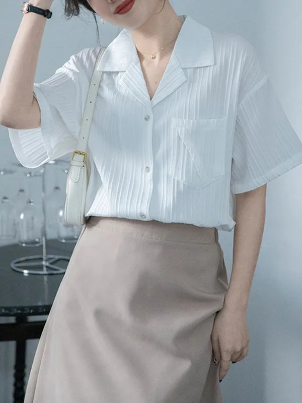 Buttoned Pockets Solid Color Split-Joint Loose Short Sleeves Notched Collar Blouses&Shirts Tops
