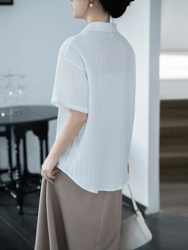 Buttoned Pockets Solid Color Split-Joint Loose Short Sleeves Notched Collar Blouses&Shirts Tops