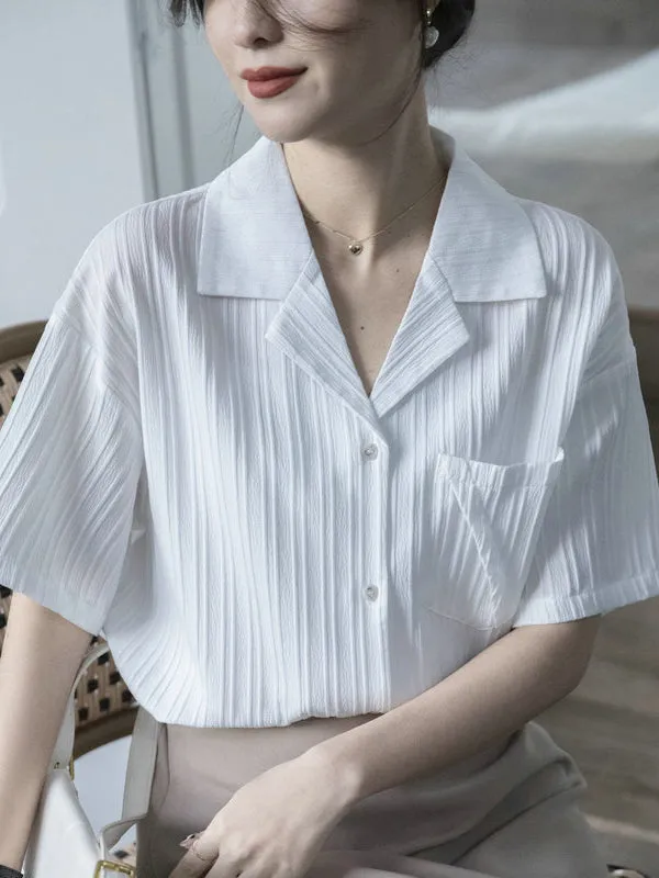 Buttoned Pockets Solid Color Split-Joint Loose Short Sleeves Notched Collar Blouses&Shirts Tops
