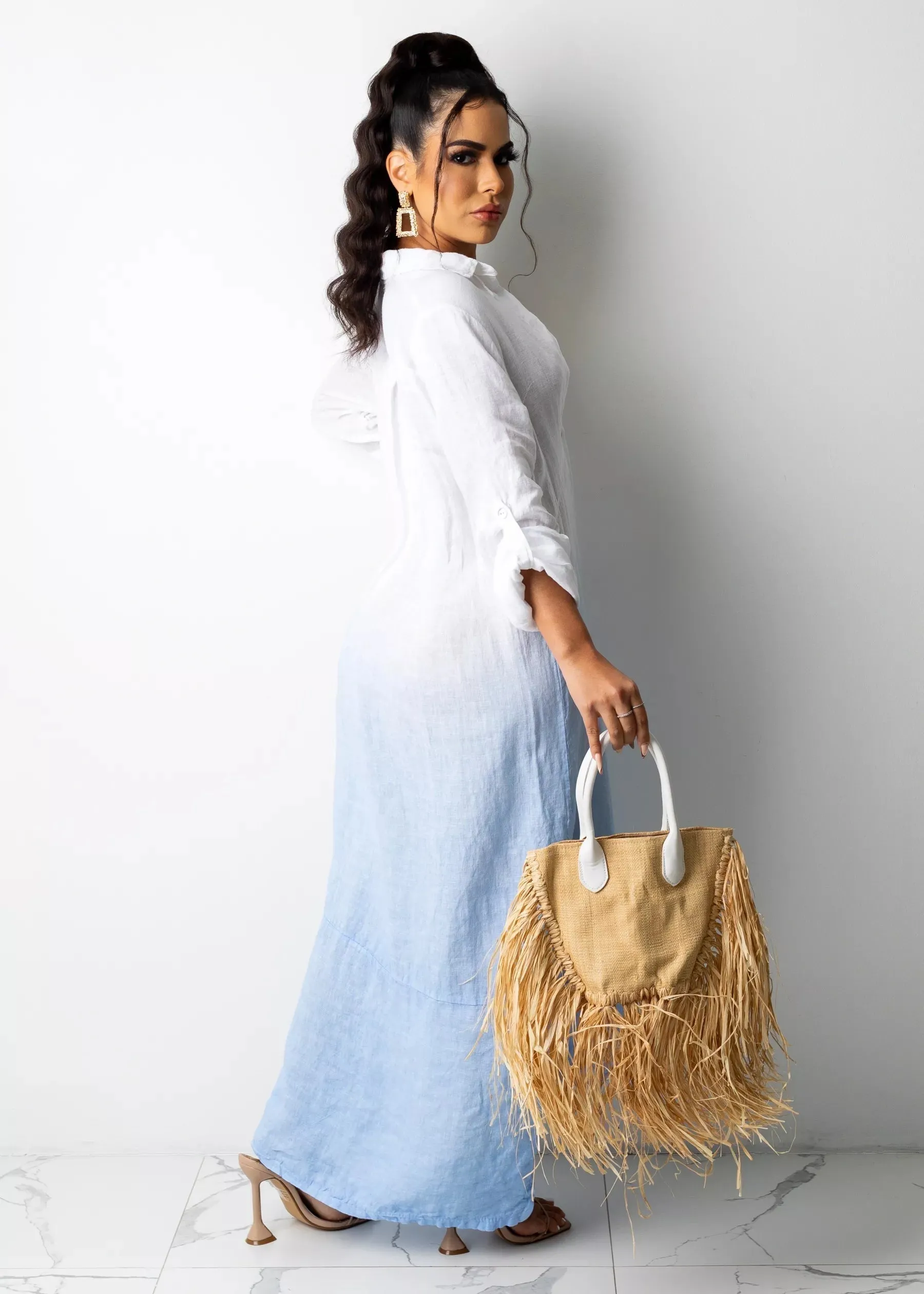 Casual solid color loose shirt dress