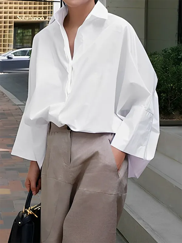 Chicmy-Long Sleeves Loose Solid Color Lapel Collar Blouses&Shirts Tops