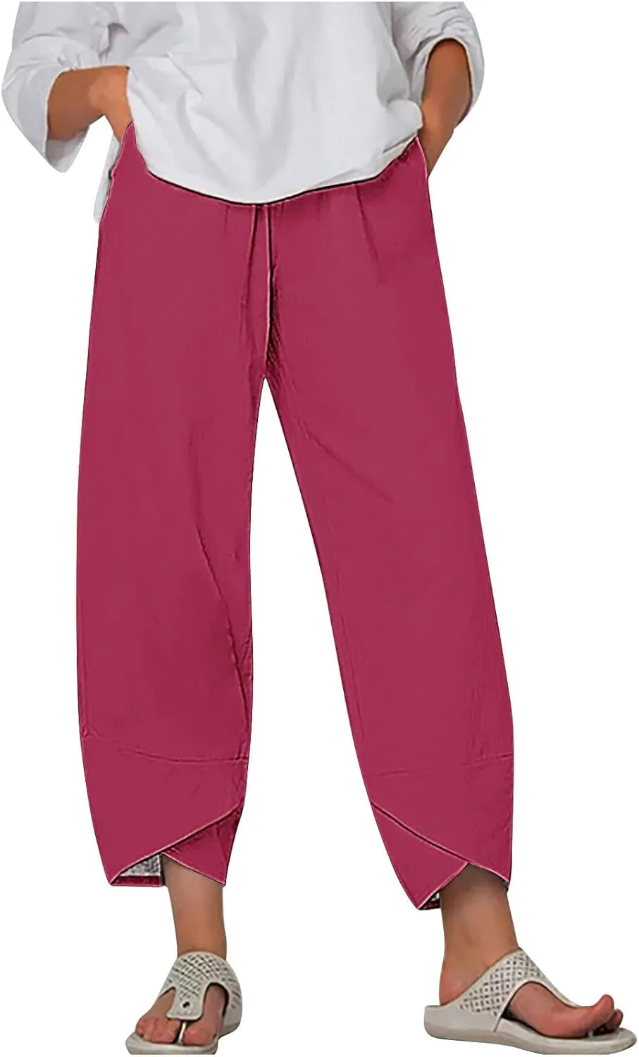 Cotton Linen Capris for Women Casual Summer Wide Leg Cropped Pants Loose Comfy Joggers Solid Capri Trousers with Pocket