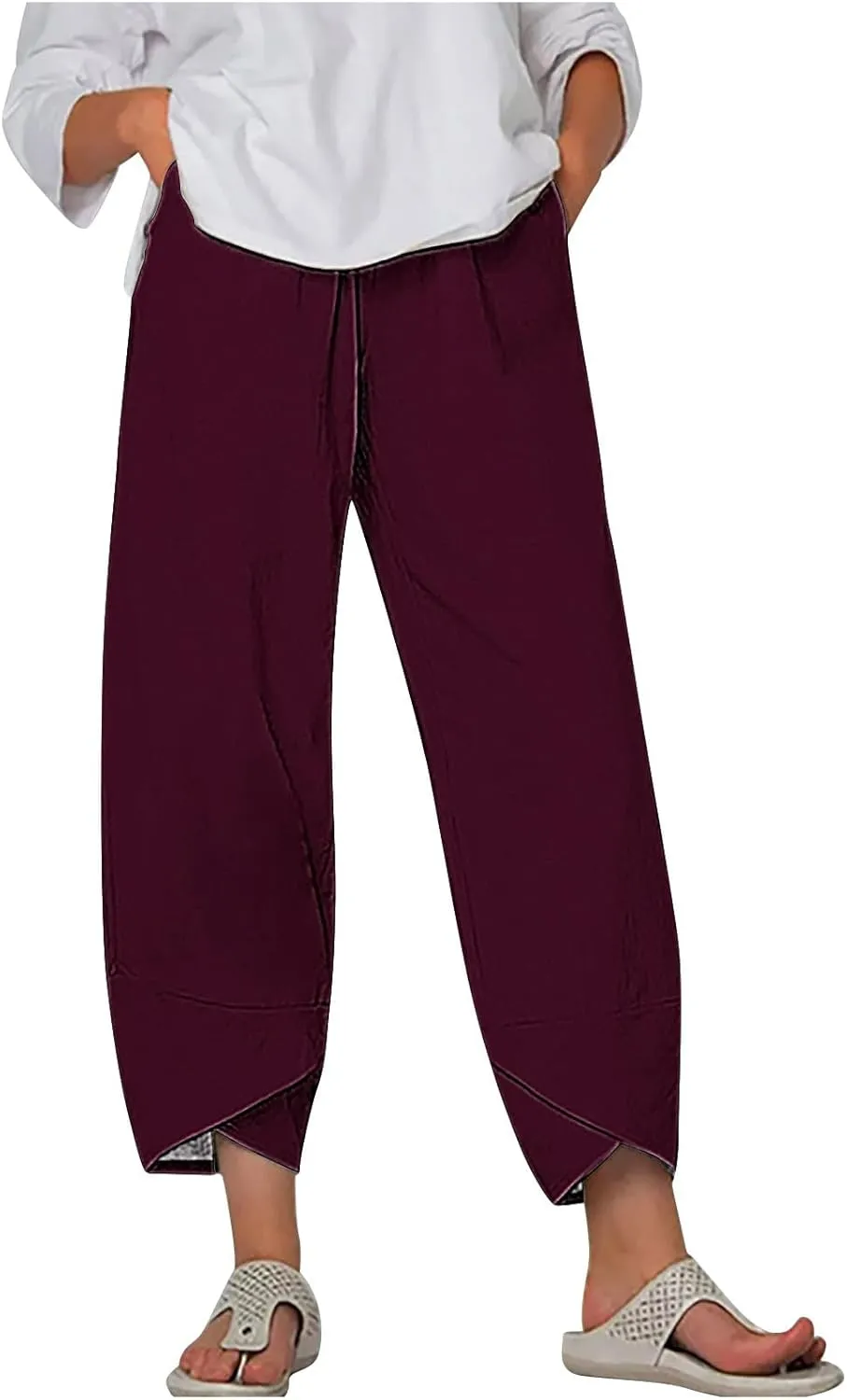 Cotton Linen Capris for Women Casual Summer Wide Leg Cropped Pants Loose Comfy Joggers Solid Capri Trousers with Pocket