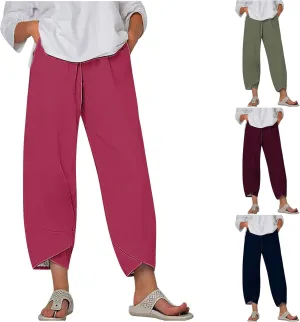Cotton Linen Capris for Women Casual Summer Wide Leg Cropped Pants Loose Comfy Joggers Solid Capri Trousers with Pocket