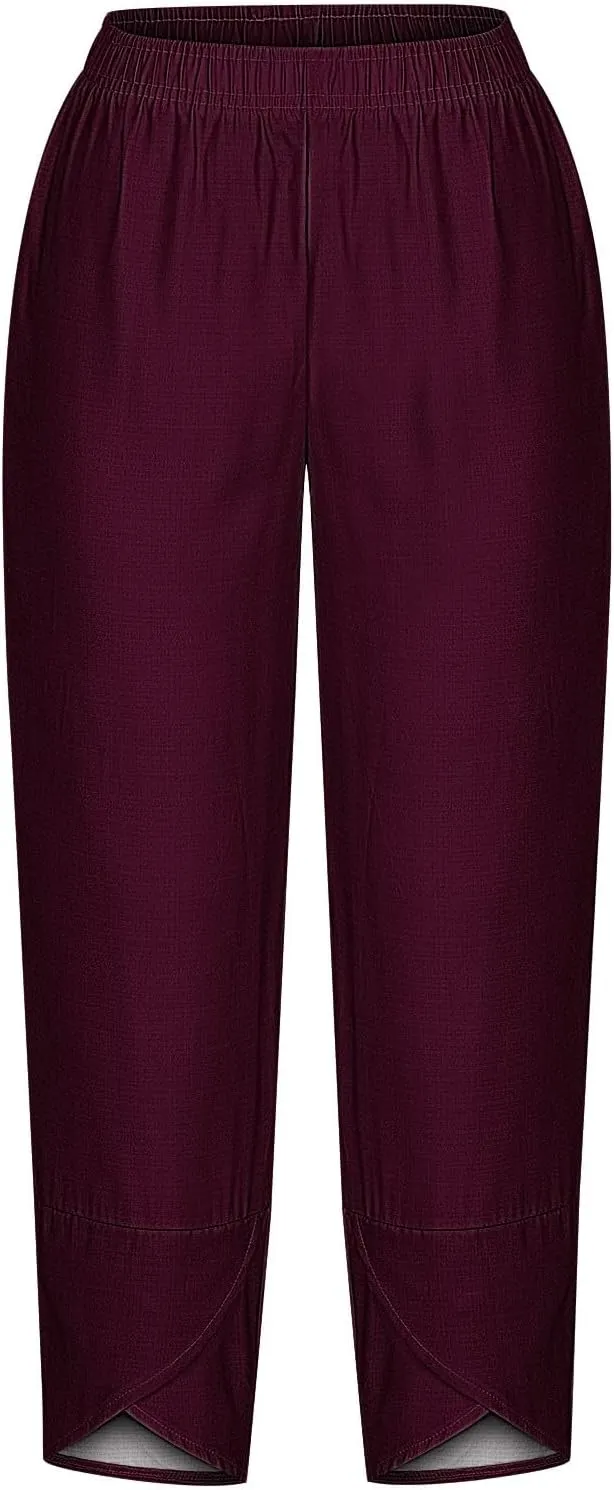 Cotton Linen Capris for Women Casual Summer Wide Leg Cropped Pants Loose Comfy Joggers Solid Capri Trousers with Pocket