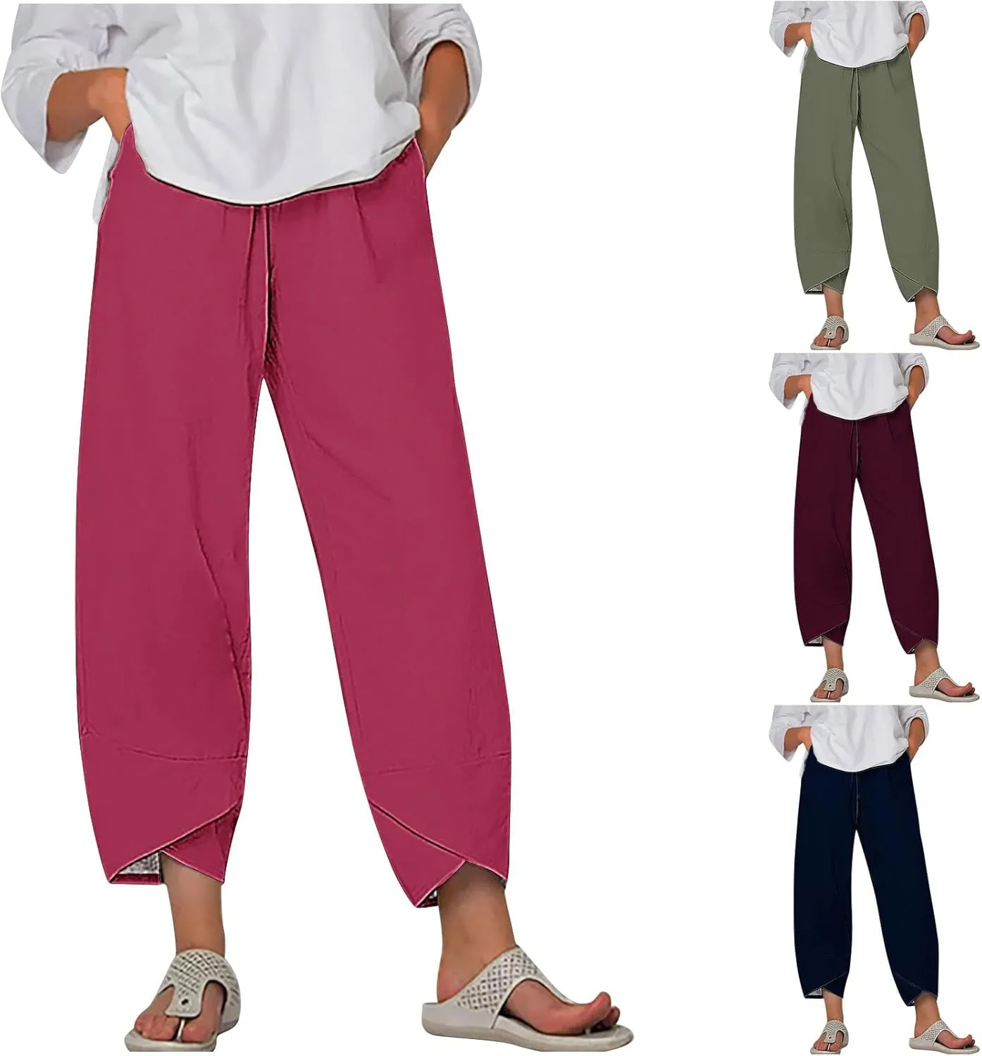 Cotton Linen Capris for Women Casual Summer Wide Leg Cropped Pants Loose Comfy Joggers Solid Capri Trousers with Pocket