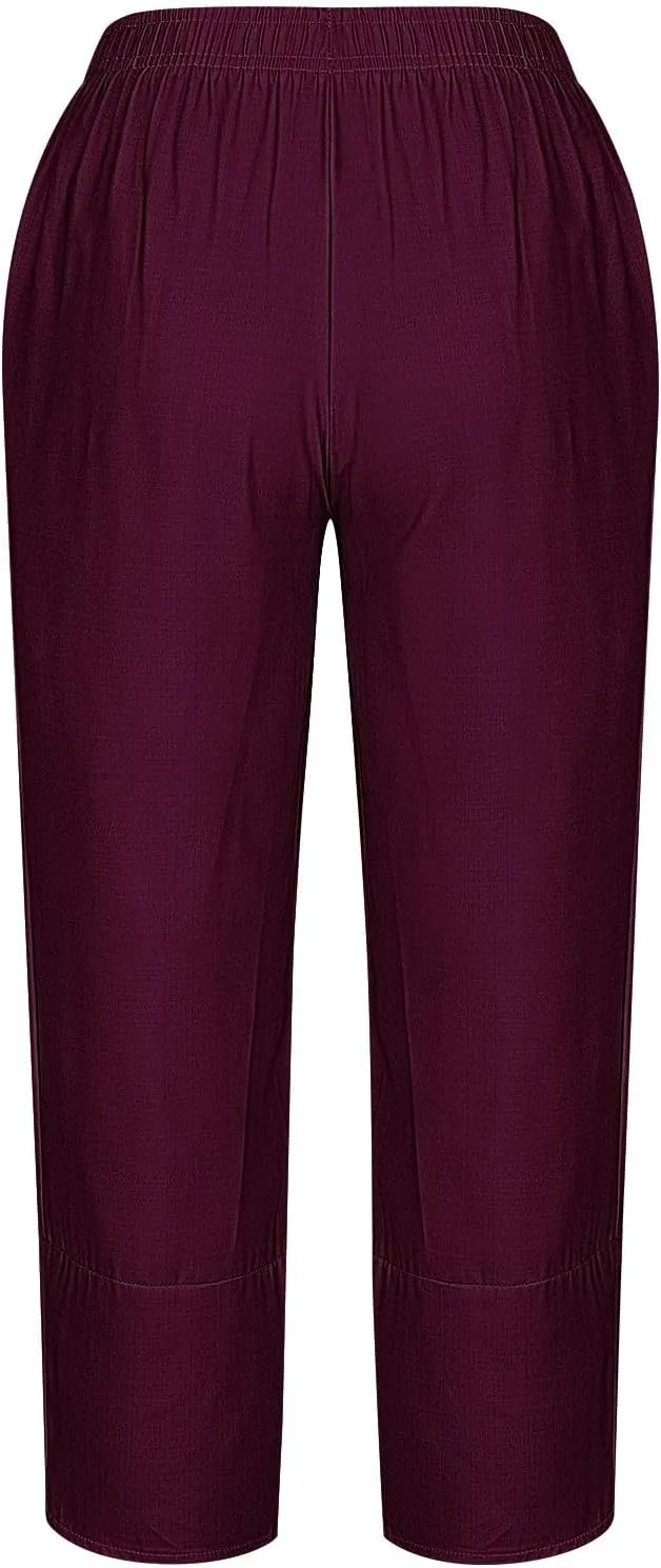 Cotton Linen Capris for Women Casual Summer Wide Leg Cropped Pants Loose Comfy Joggers Solid Capri Trousers with Pocket