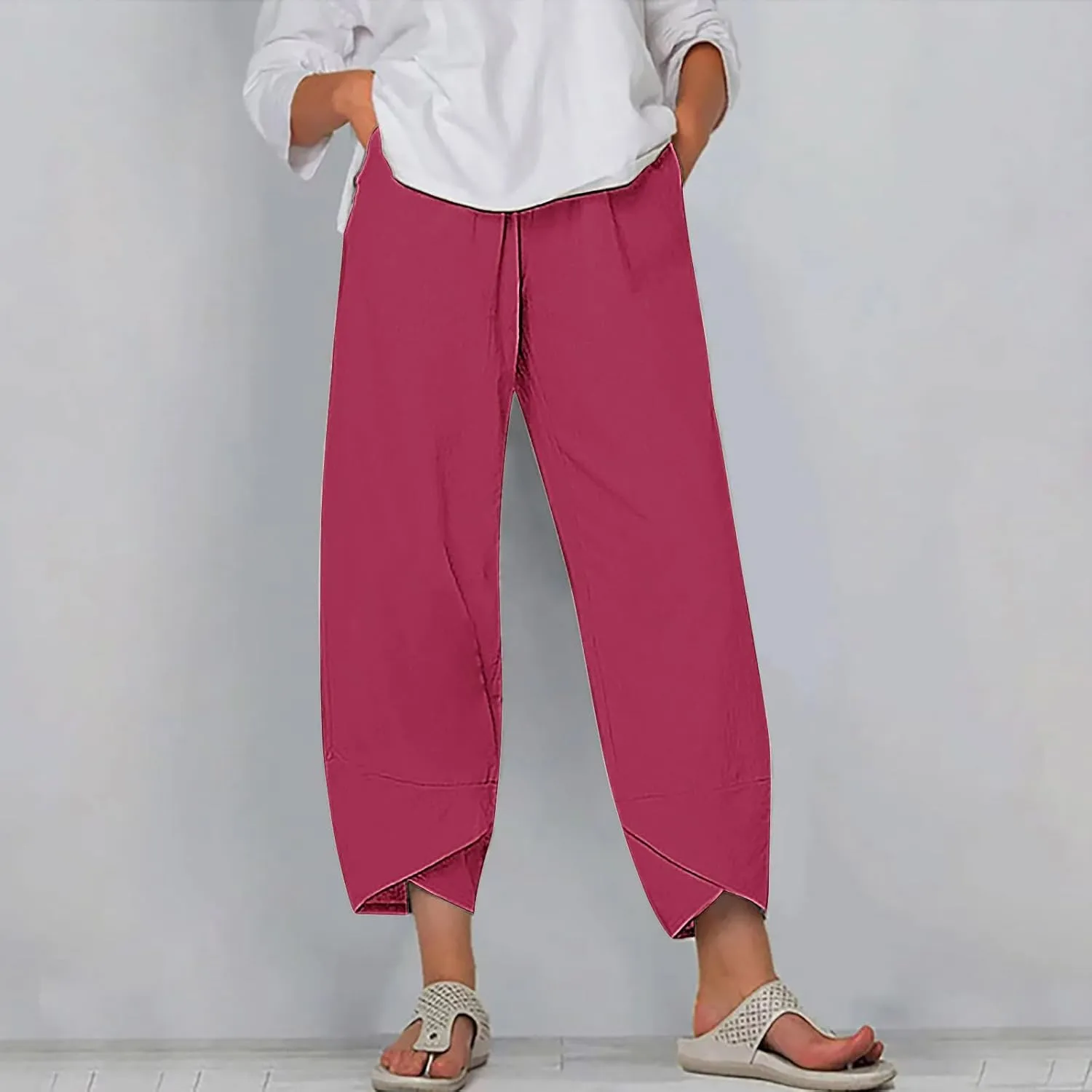 Cotton Linen Capris for Women Casual Summer Wide Leg Cropped Pants Loose Comfy Joggers Solid Capri Trousers with Pocket