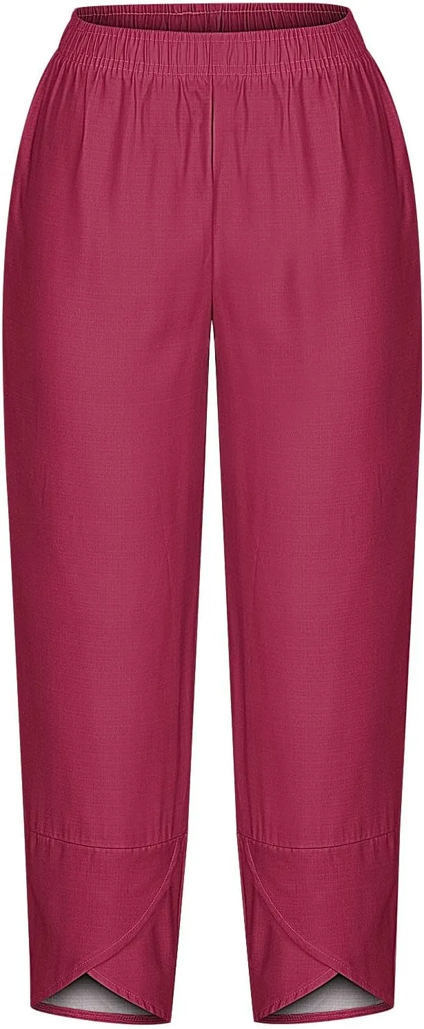 Cotton Linen Capris for Women Casual Summer Wide Leg Cropped Pants Loose Comfy Joggers Solid Capri Trousers with Pocket