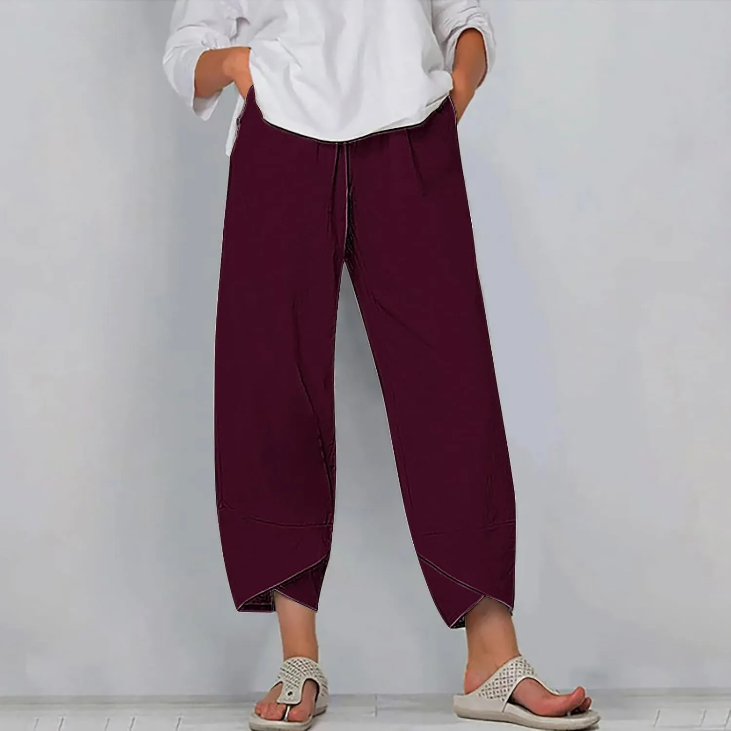 Cotton Linen Capris for Women Casual Summer Wide Leg Cropped Pants Loose Comfy Joggers Solid Capri Trousers with Pocket