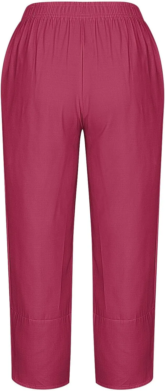 Cotton Linen Capris for Women Casual Summer Wide Leg Cropped Pants Loose Comfy Joggers Solid Capri Trousers with Pocket