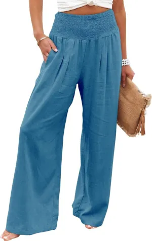 Cotton Linen Palazzo Pants for Women Summer High Waisted Wide Leg Long Casual Baggy Pant Loose Trousers with Pockets