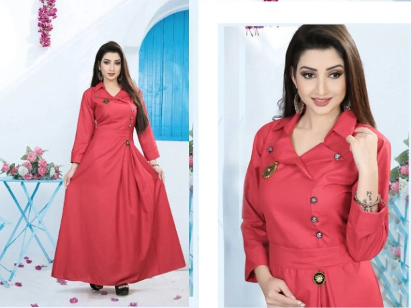 Designer Long Stylish Slub-Cotton Gown