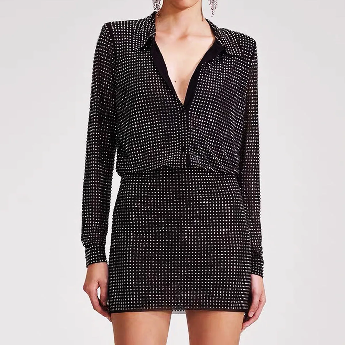 Elegant 2 pc Mesh Rhinestone Shirt and Skirt Set