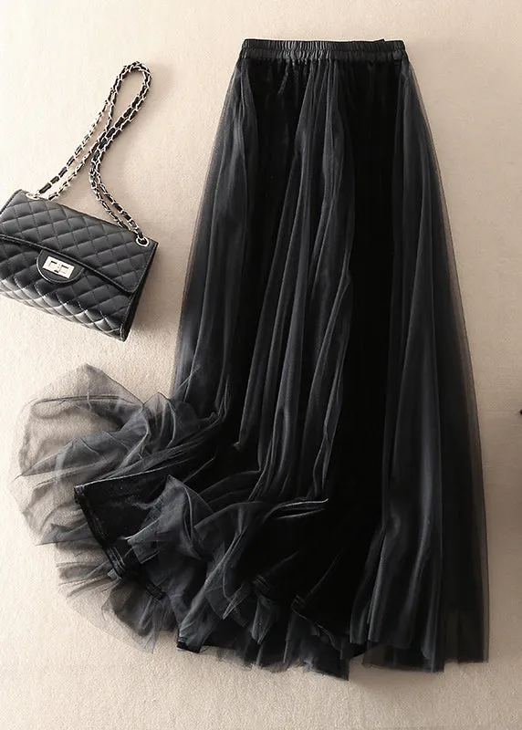 Elegant Black Bow Patchwork Tulle Skirt Spring
