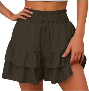 Flowy Shorts for Women Boho Ruffle High Waisted Casual Summer Beach Tiered Skorts Solid Color Butterfly Shorts