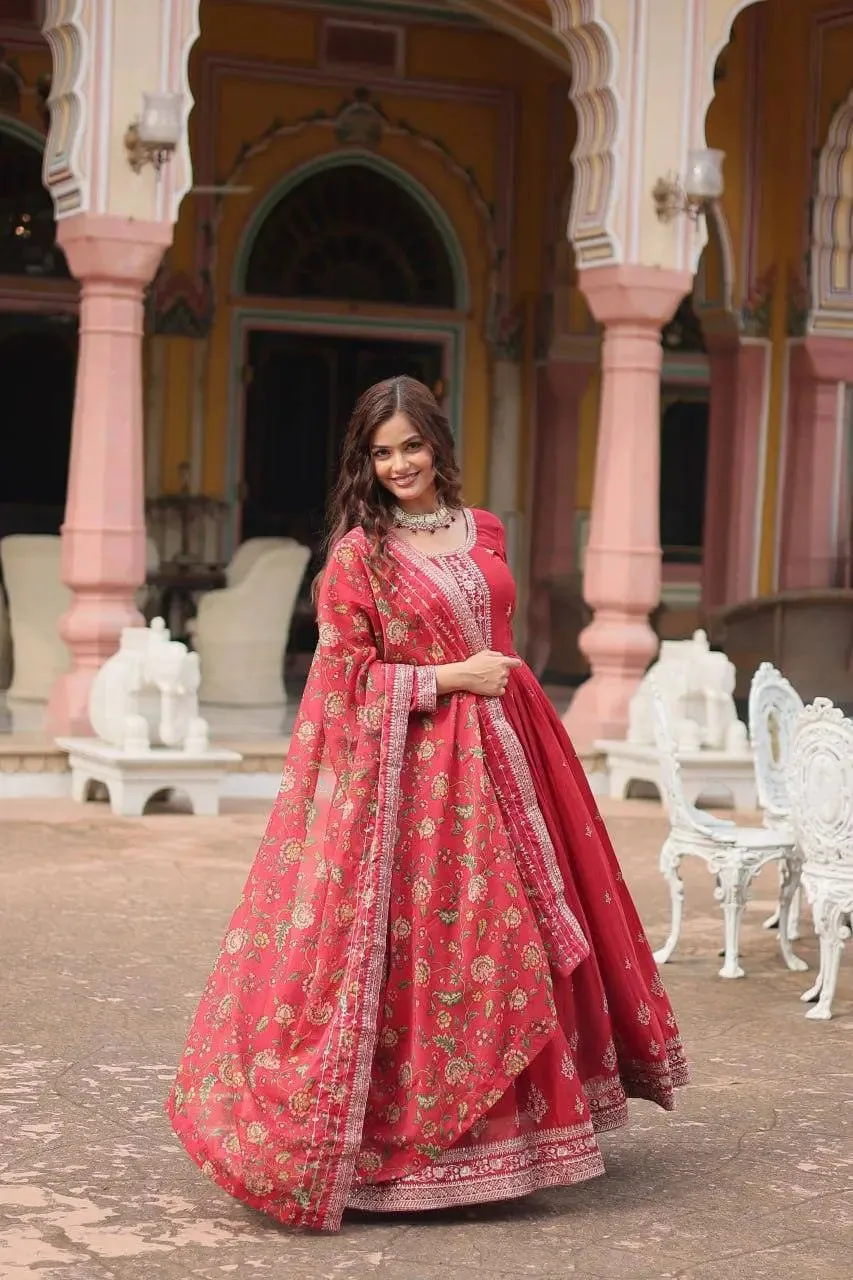 Get ready to shine with these stunning outfit Made from Chinon And Sequins Embroidered Work gown