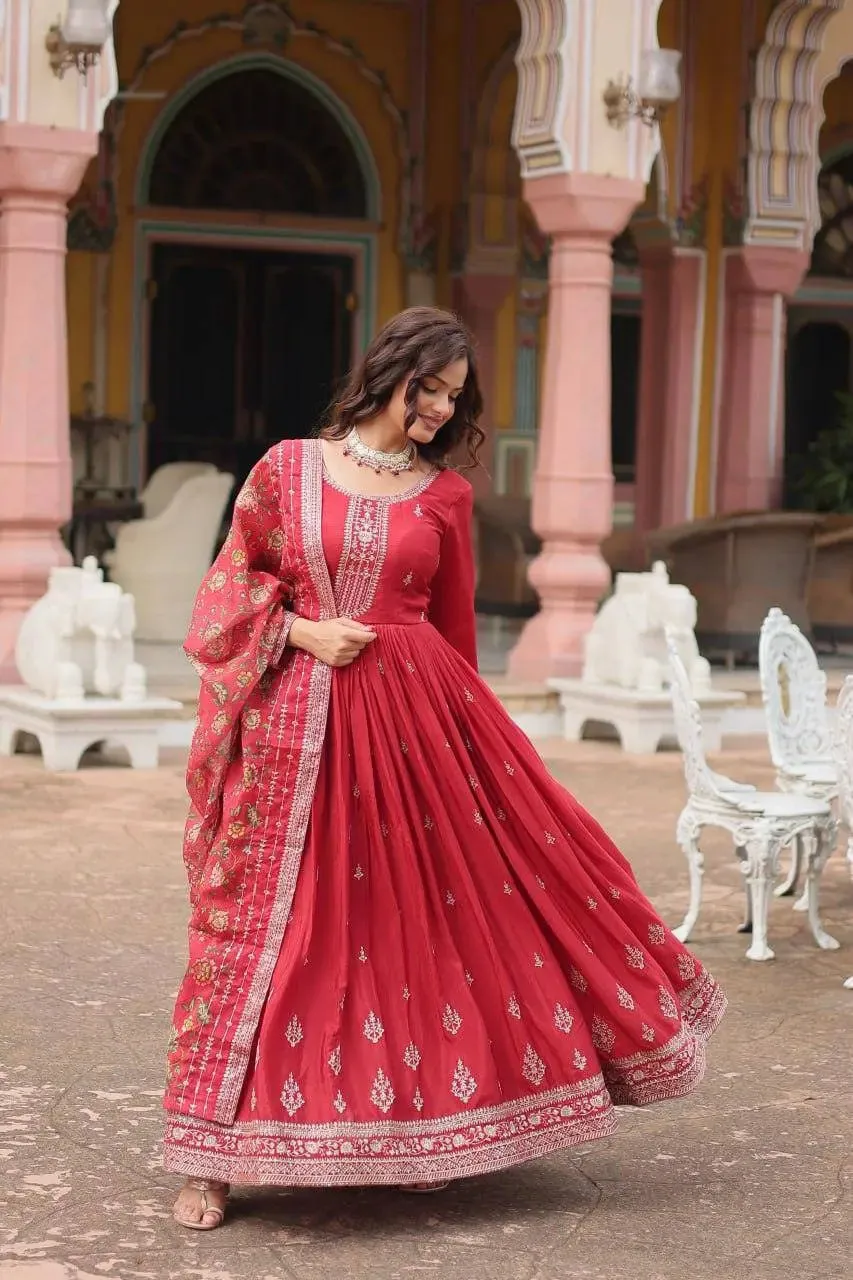 Get ready to shine with these stunning outfit Made from Chinon And Sequins Embroidered Work gown