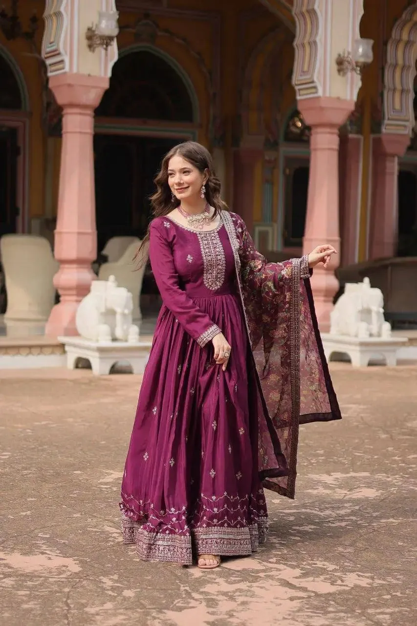 Get ready to shine with these stunning outfit Made from Chinon And Sequins Embroidered Work gown