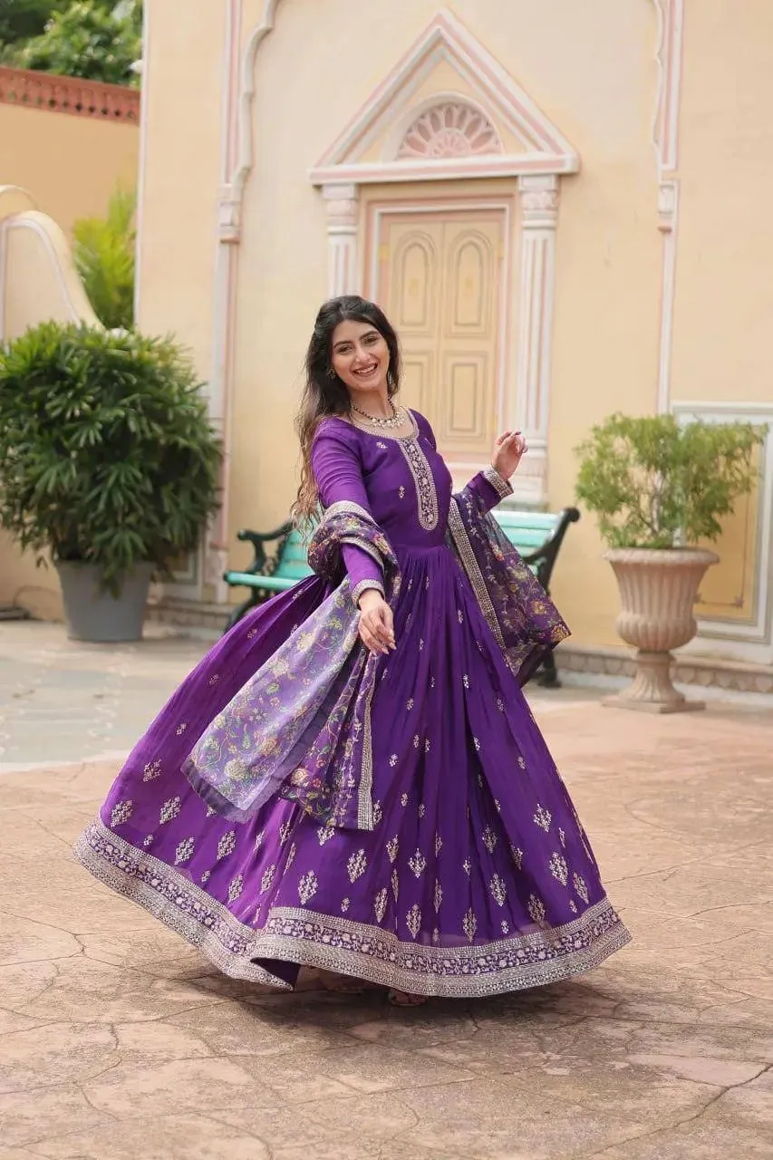 Get ready to shine with these stunning outfit Made from Chinon And Sequins Embroidered Work gown
