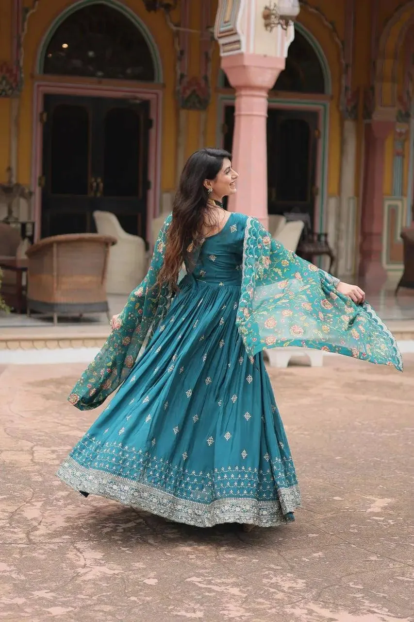 Get ready to shine with these stunning outfit Made from Chinon And Sequins Embroidered Work gown