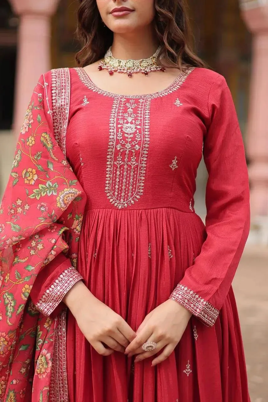 Get ready to shine with these stunning outfit Made from Chinon And Sequins Embroidered Work gown