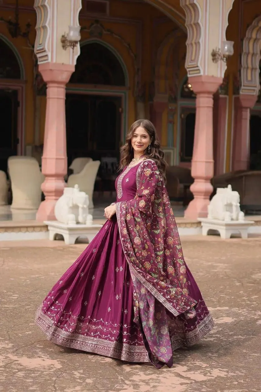 Get ready to shine with these stunning outfit Made from Chinon And Sequins Embroidered Work gown